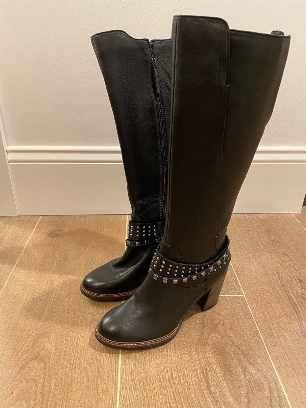 Women's Black Studded Tall Leather Heeled Boots